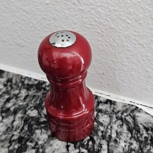 Vintage Red Salt Shaker Plastic Metal Top S Holes Clear Bottom Plug